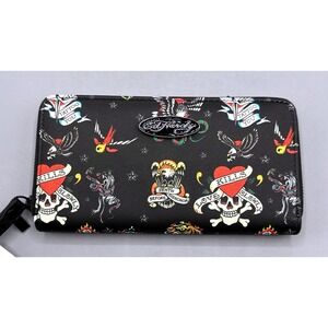 Ed Hardy Black Tattoo Print Zip Around Wristlet Wallet Tattoo You, Love Kills...